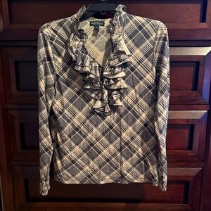 Ralph Lauren Blue and White Ruffle Plaid Blouse